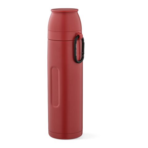 Werbeartikel Flinders 1,08 L Thermoskanne recycelter Edelstahl 55h kalt/20h heiß inkl. 2 Becher & Karabiner – burgund – mit Logo bedruckt