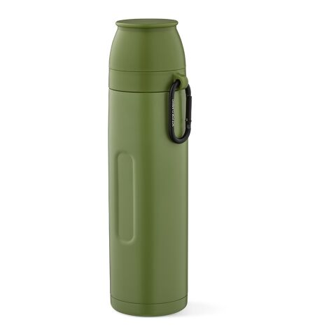 Werbeartikel Flinders 1,08 L Thermoskanne recycelter Edelstahl 55h kalt/20h heiß inkl. 2 Becher & Karabiner – armeegrün – mit Logo bedruckt