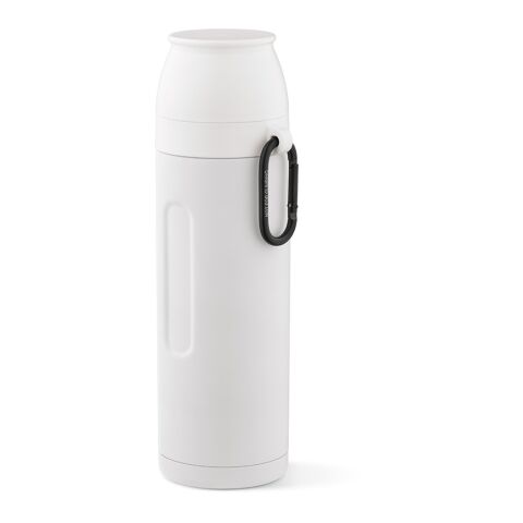 Werbeartikel Loire 810 ml Thermoskanne recycelter Edelstahl mit 2 Trinkbechern & Karabiner 55h kalt/20h heiß isoliert – weiß – mit Logo bedruckt