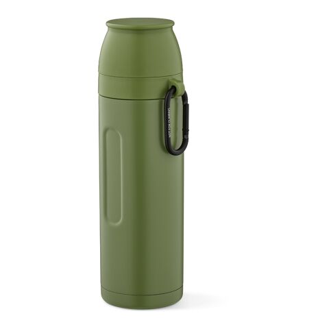 Werbeartikel Loire 810 ml Thermoskanne recycelter Edelstahl mit 2 Trinkbechern & Karabiner 55h kalt/20h heiß isoliert – armeegrün – mit Logo bedruckt