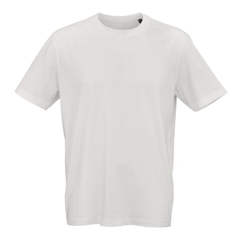 Werbeartikel Maya T-Shirt aus Jersey. 100% Bio-Baumwolle. Hergestellt in Portugal – Pastel Weiß – mit Logo bedruckt