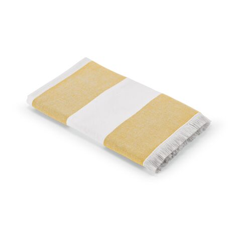 Nachhaltiger Werbeartikel Rodin Badetuch recy.Baumwolle 350 g/m². Hergestellt in Portugal – dunkelgelb – mit Logo bedruckt