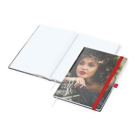 Werbeartikel Notizbuch Match-Book – rot – mit Logo bedruckt DIN A4 Hardcover 192 Seiten mit Stiftschlaufe und Gummiband