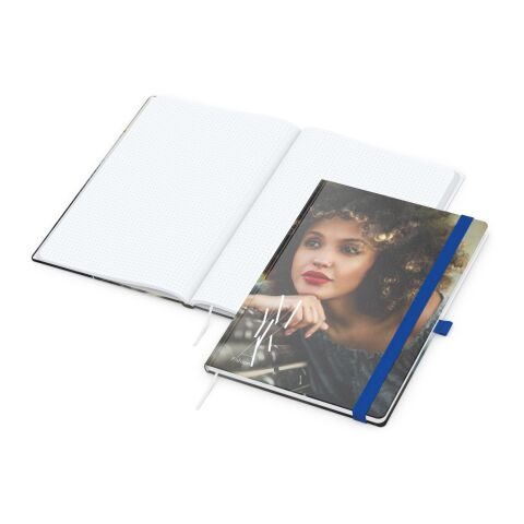 Werbeartikel Notizbuch Match-Book – mittelblau – mit Logo bedruckt DIN A4 Hardcover 192 Seiten mit Gummiband für Büroausstattung