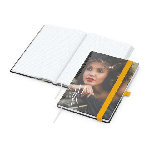 Werbeartikel Notizbuch Match-Book – gelb – mit Logo bedruckt DIN A5 Hardcover 192 Seiten mit Stiftschlaufe und Einstecktasche