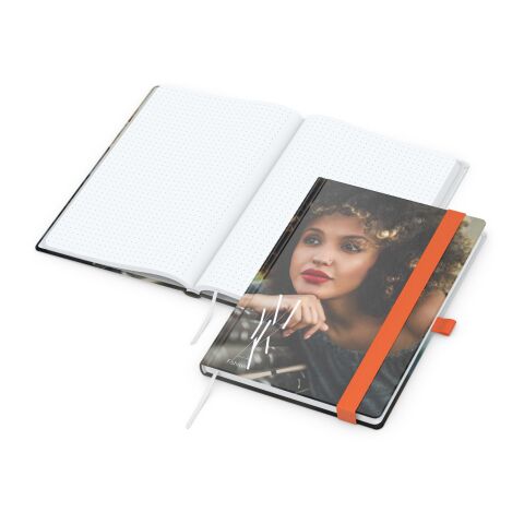 Werbeartikel Notizbuch Match-Book Papier-Hardcover individuell bedruckt – Orange – DIN A5 – mit Logo bedruckt
