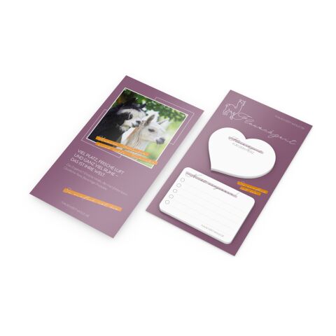 Haftnotiz-Karte Note-Card Form 2 Haftnotizblöcke formgestanzt Trägerkarte 110 × 200 mm | ohne Werbeanbringung | ohne Werbeanbringung | ohne Werbeanbringung | Herz – Rechteck (Rundungen)