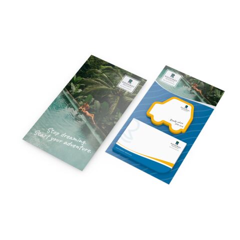 Werbeartikel Haftnotiz-Karte Note-Card Form 2 Haftnotizblöcke formgestanzt Trägerkarte – 110 × 200 mm – mit Logo bedruckt