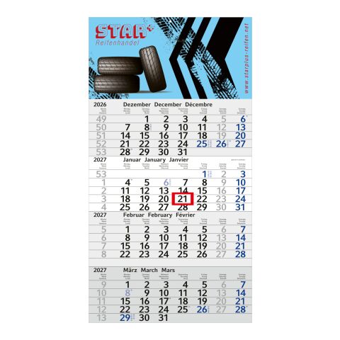 Werbeartikel 4-Monatskalender Einblatt Budget 4 Schrift modern – blau – 300 × 560 mm – mit Logo bedruckt