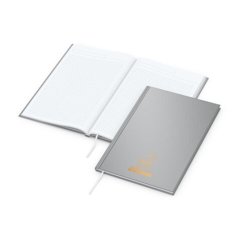 Werbeartikel Notizbuch Memo-Book Umfang klein Hardcover matt-farbig – Silber – DIN A5 – mit Logo bedruckt
