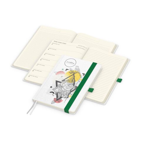 Mitarbeitergeschenk Terminplaner Match-Hybrid 2027 – grün – mit Logoprägung A5 Hardcover Wochenansicht für das Büro