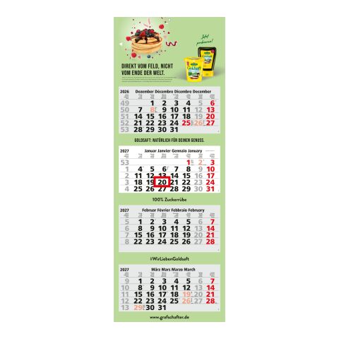 Werbeartikel 4-Monatskalender Mehrblock Quadro Light 4 mehrsprachig – hellgrau – 330 × 900 mm – mit Logo bedruckt