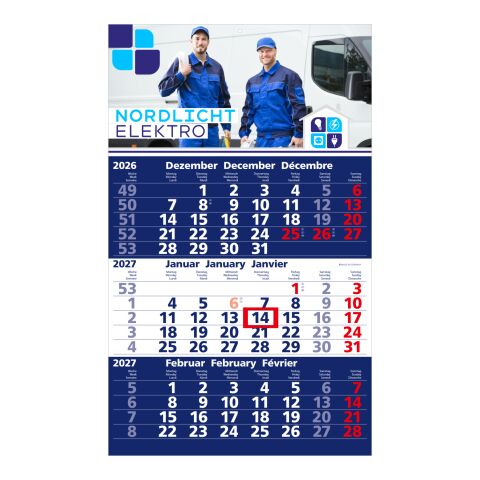 Werbeartikel 3-Monatskalender Einblatt Solid 3 Schrift klassisch – dunkelblau – 300 × 490 mm – mit Logo bedruckt