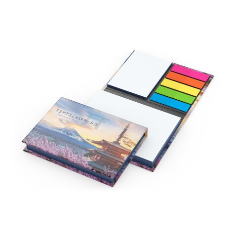 Werbeartikel Haftnotiz-Set Wien Innenteil schwarz 100/25 Haftzettel Farbschnitt – mittelblau – 105 × 78 mm – mit Logo bedruckt