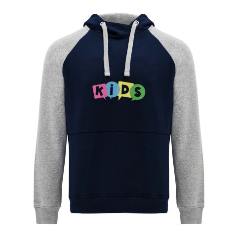 Werbeartikel Badet zweifarbiger Kapuzenpullover für Kinder – navy blue-heather grau – 9/10 – mit Logo bedruckt