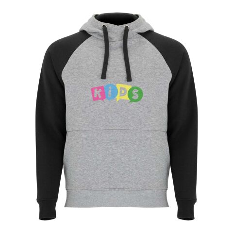 Werbeartikel Badet zweifarbiger Kapuzenpullover für Kinder – heather grau-schwarz – 5/6 – mit Logo bedruckt