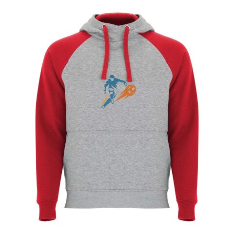 Werbeartikel Badet zweifarbiger Kapuzenpullover für Kinder – heather grau-rot – 9/10 – mit Logo bedruckt