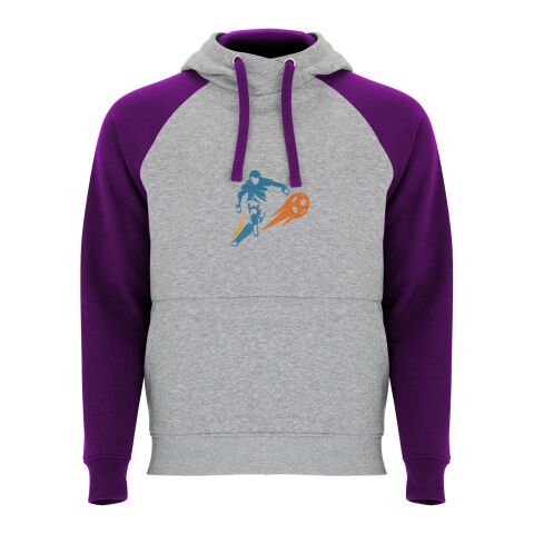 Werbeartikel Badet zweifarbiger Kapuzenpullover für Kinder – heather grau-lila – 11/12 – mit Logo bedruckt