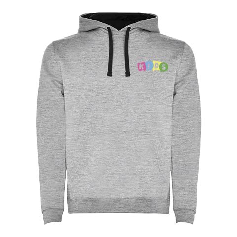 48h Express-Druck Werbeartikel Urban Kapuzenpullover für Kinder – marl grey-schwarz – 9/10 – mit Logo bedruckt