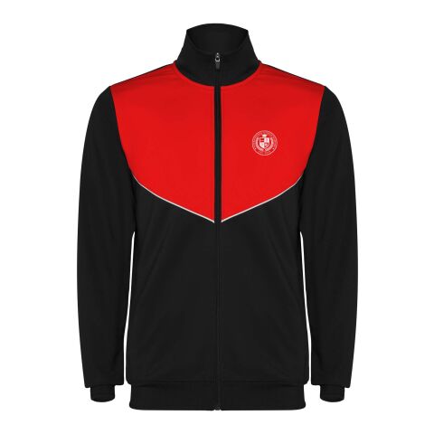 48h Express-Druck Werbeartikel Evans Trainingsanzug für Kinder – schwarz-rot – 16 – mit Logo bedruckt