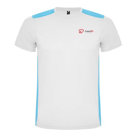 48h Express-Druck Werbeartikel Detroit Sport T-Shirt für Kinder – weiß-türkis – 8 – mit Logo bedruckt