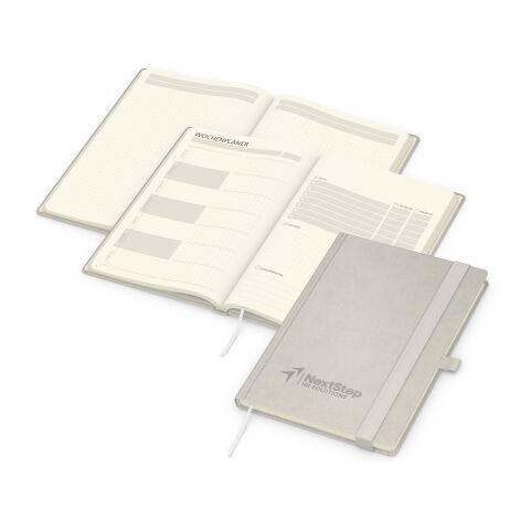 Werbeartikel Notizbuch Hardcover orgaLine Mainbook Wochenplaner To-dos Prioritäten Ideen – silber – DIN A5 – mit Logo bedruckt