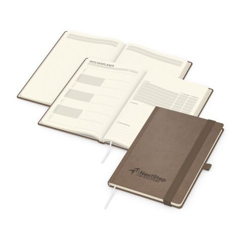 Werbeartikel Notizbuch Hardcover orgaLine Mainbook Wochenplaner To-dos Prioritäten Ideen – Braun – DIN A5 – mit Logo bedruckt