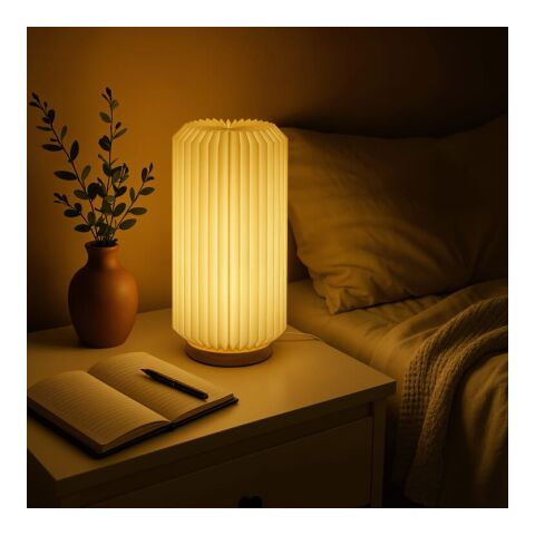 Mitarbeitergeschenk Tischlampe Coollux Aurora Tall – natur – mit Werbedruck 32cm LED-Leuchte mit USB-C für stilvolles Büroambiente
