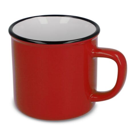 Werbeartikel 280 ml Keramik Kaffeebecher im Emaille-Look Vintage-Design mit schwarzem Rand – Rot Weiß – mit Logo bedruckt