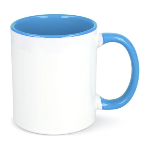 Werbeartikel Oslo Sublimationsbecher  farbig innen & Griff 300 ml – weiß-hellblau – mit Logo bedruckt