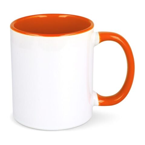 Werbeartikel Oslo Sublimationsbecher  farbig innen & Griff 300 ml – weiß-orange – mit Logo bedruckt