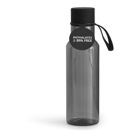Werbeartikel Elegante Trinkflasche aus Tritan 800 ml BPA-frei mit gummiertem Edelstahldeckel & Trageschlaufe auslaufsicher – schwarz – mit Logo