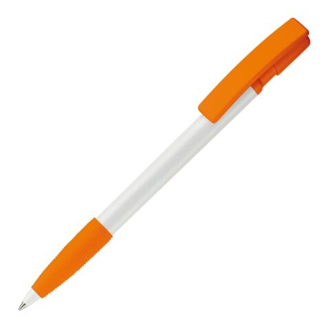 Werbeartikel Kugelschreiber Nash Hardcolour mit Gummigriff – weiß-orange – mit Logo bedruckt