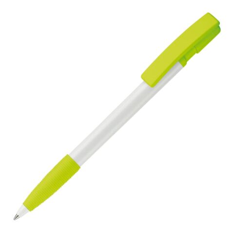 Werbeartikel Kugelschreiber Nash Hardcolour mit Gummigriff – weiß-hellgrün – mit Logo bedruckt