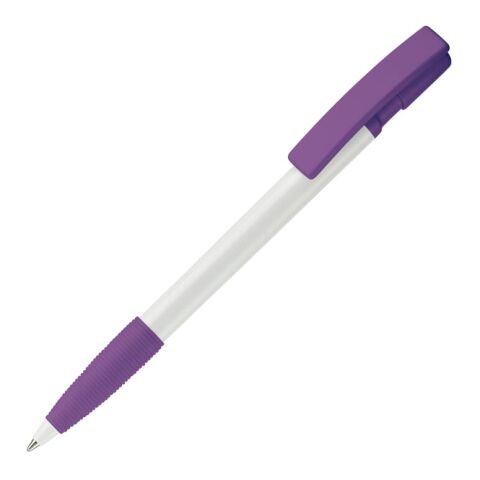 Werbeartikel Kugelschreiber Nash Hardcolour mit Gummigriff – weiß-transparent violett – mit Logo bedruckt