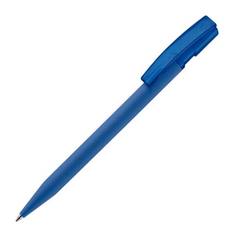 Werbeartikel Kugelschreiber Nash Soft-Touch – blau weiß – mit Logo bedruckt