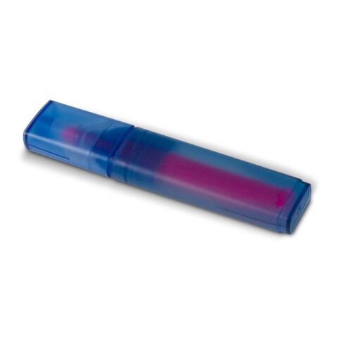Werbeartikel Textmarker aus R-PET-Material – blau weiß-rosa – mit Logo bedruckt