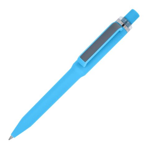Werbeartikel Ozzy-Stift mit Soft-Touch – blau weiß – mit Logo bedruckt