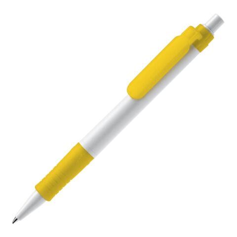 Werbeartikel Kugelschreiber Vegetal Pen Hardcolour – weiss-gelb – mit Logo bedruckt blau schreibender Druckkugelschreiber nachhaltig
