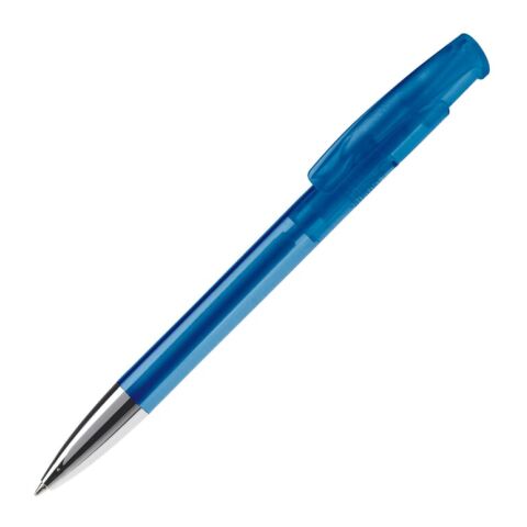 Werbeartikel Kugelschreiber Avalon Transparent mit Metallspitze – blau weiß – mit Logo bedruckt