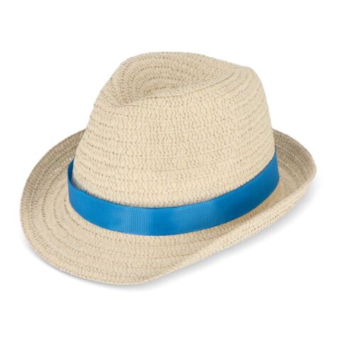 Werbeartikel Pflanzlicher Strohhut mit farbigem Band – blau weiß – mit Logo bedruckt