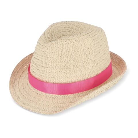 Werbeartikel Pflanzlicher Strohhut mit farbigem Band – rosa – mit Logo bedruckt