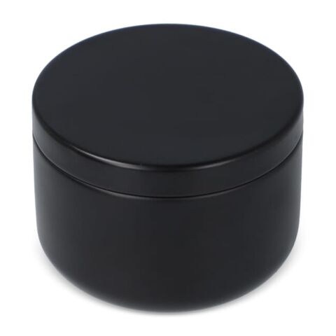 Werbeartikel Asana unparfümierte Kerze auf Pflanzenbasis in recycelter Dose – schwarz – mit Logo bedruckt