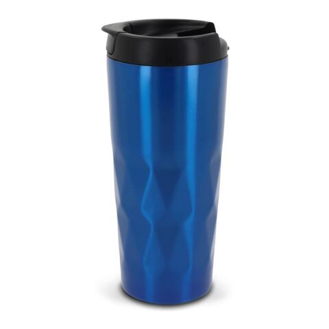 Werbeartikel 450 ml Vakuum-Thermobecher mit Diamantmuster, 100 % auslaufsicherer Coffee-to-go-Becher, doppelwandig – Blau Weiss – mit Logo bedruckt