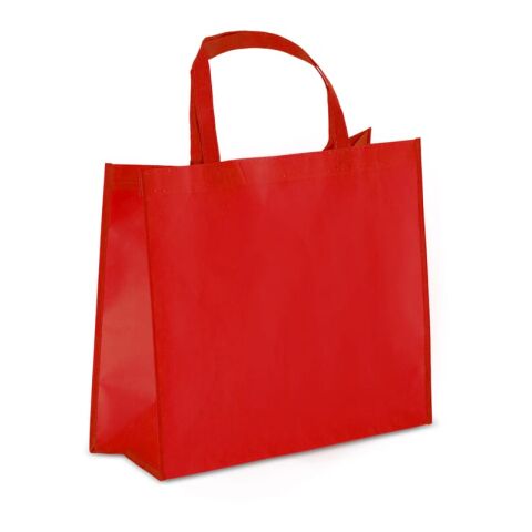 Werbeartikel R-PET Tragetasche aus laminiertem Non Woven 40 x 16 x 35cm 105g/m² – rot weiß – mit Logo bedruckt