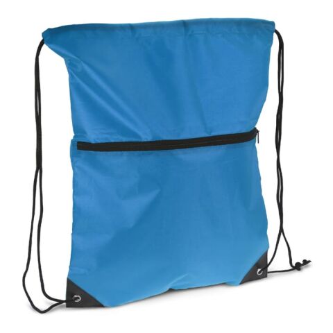 Werbeartikel Kordelzugtasche 210T R-PET mit Reißverschluss – Blau Weiss –  Turnbeutel / Sportbeutel mit Logo bedruckt