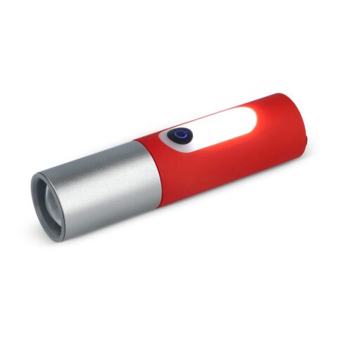 Werbeartikel Wiederaufladbare 10-W-LED-Taschenlampe mit Zoomfunktion, 300 lm – rot weiß – mit Logo bedruckt