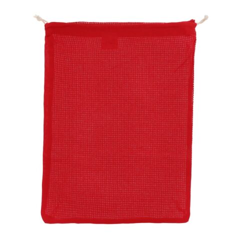 Werbeartikel Wiederverwendbare Lebensmitteltasche OEKO-TEX Baumwolle 30x40cm – rot weiß – Gemüsebeutel / Obestbeutel mit Logo bedruckt