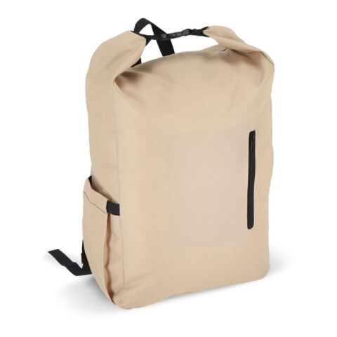 Werbeartikel R-PET 600D Rolltop-Rucksack 20 L – ecru – mit Logo bedruckt