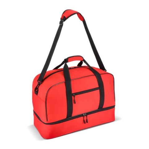 Werbeartikel R-PET 600D Sport- und Reisetasche 55,5 x 25 x 36 cm 50 l – Rot Weiß – Sporttasche / Reisetasche mit Logo bedruckt